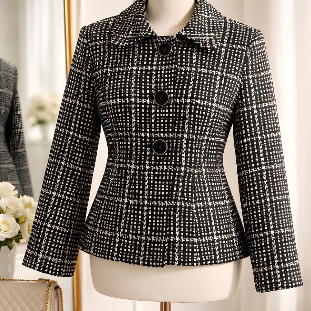 Briggs New York Black White Textured Jacket Size 12 Classic Button Blazer